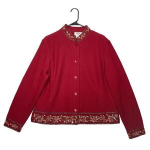 Vtg Talbots Womens Boiled Wool Cardigan Floral Beaded Embroidered Sz L Petite